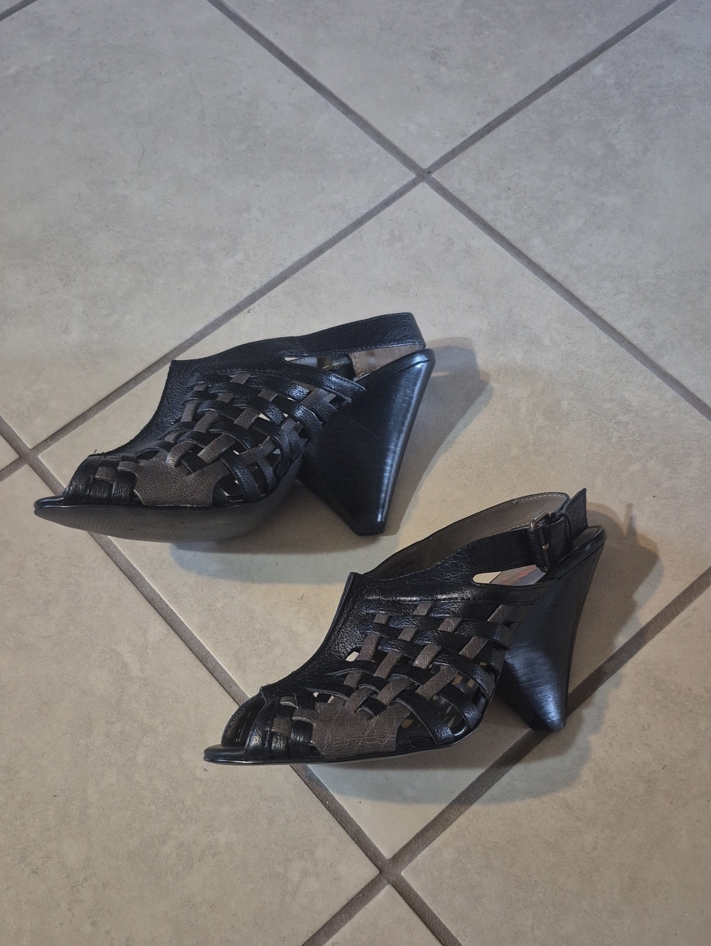 Woven Black Leather Peep-Toe Wedge Sandals